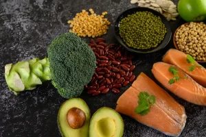 Broccoli, salmon, legumes, and fruits for magnesium, sleep, stress relief, and energy