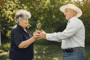 Senior man giving a small plant to senior woman in garden